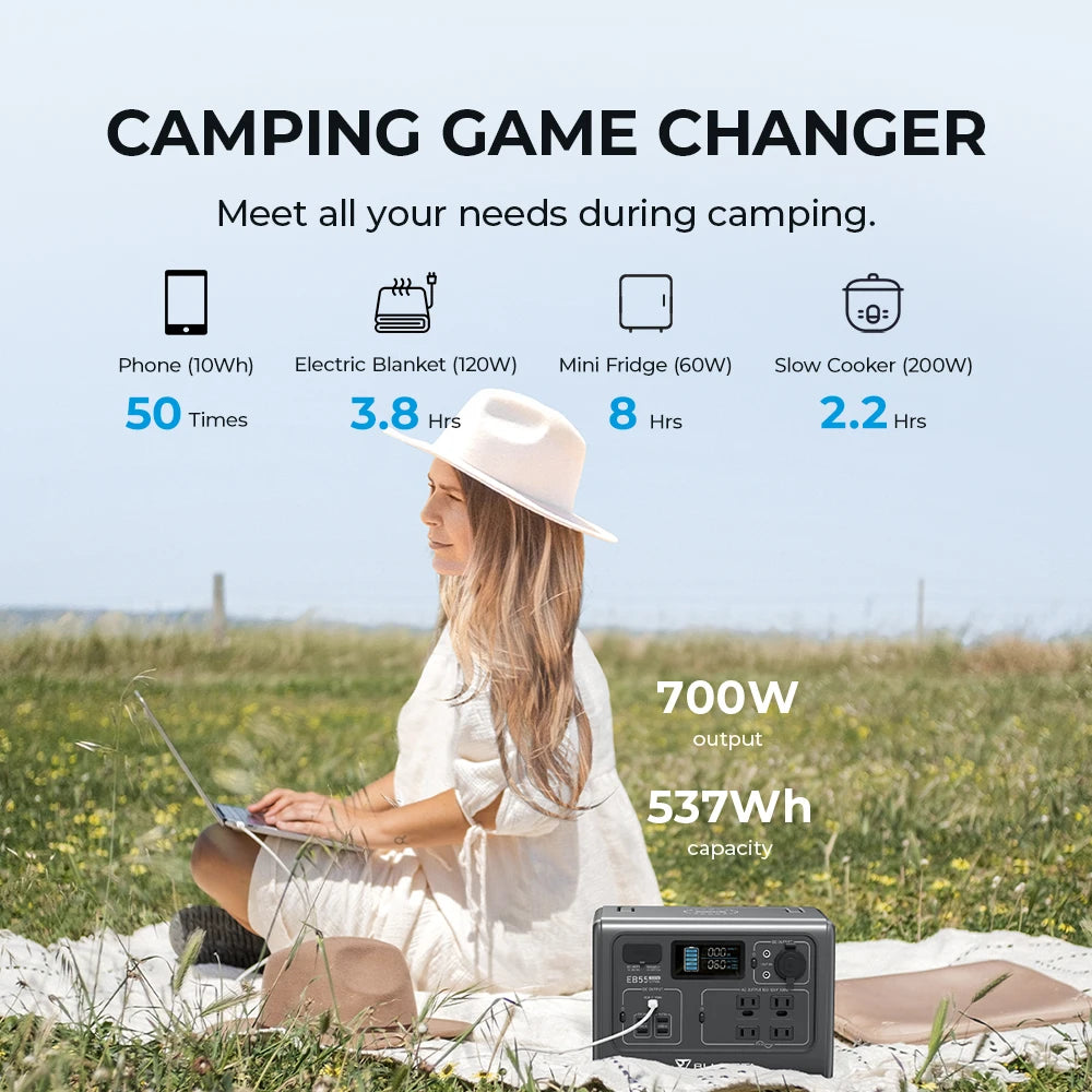BLUETTI EB55 Portable Power Station 700W LiFePo4 Battery 537Wh With Solar Panel - Inverted Powers
