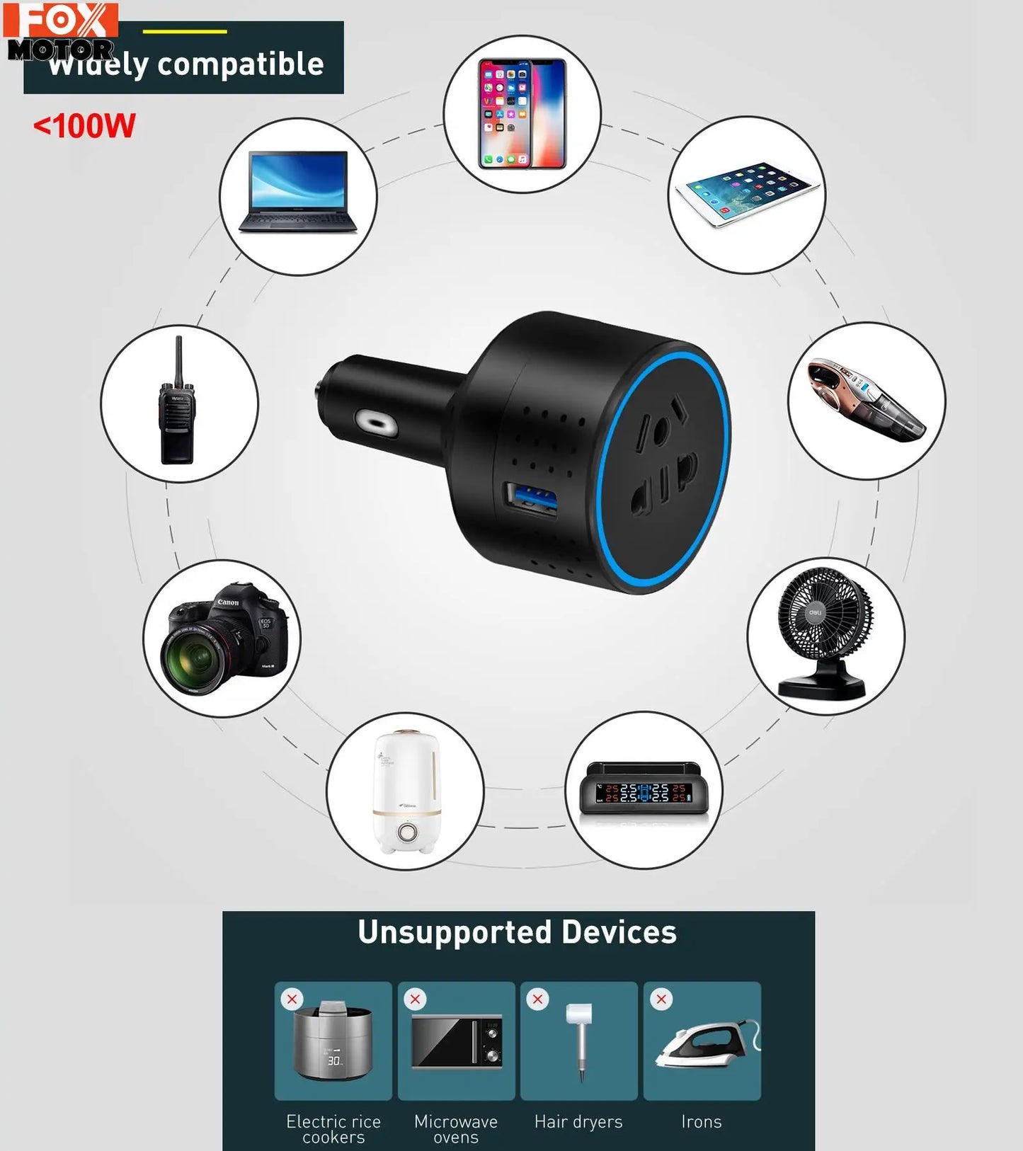 Car Power Inverter 100W Car Charger DC12V To AC110V + Dual 2 USB ( QC3.0 + 3.1A) - Inverted Powers