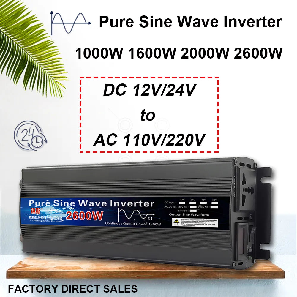 Power Inverter 1000W-2600W Pure Sine Wave DC12V-60V TO AC110V/220V - Inverted Powers