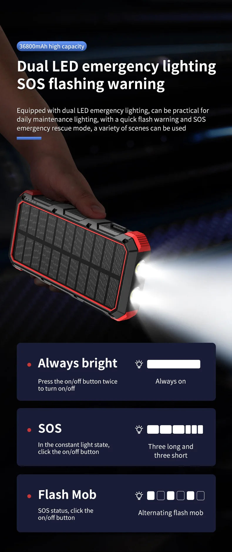 Solar Power Bank 36800mAh Portable Wireless5V3A Built-in Cables Flashlight - Inverted Powers