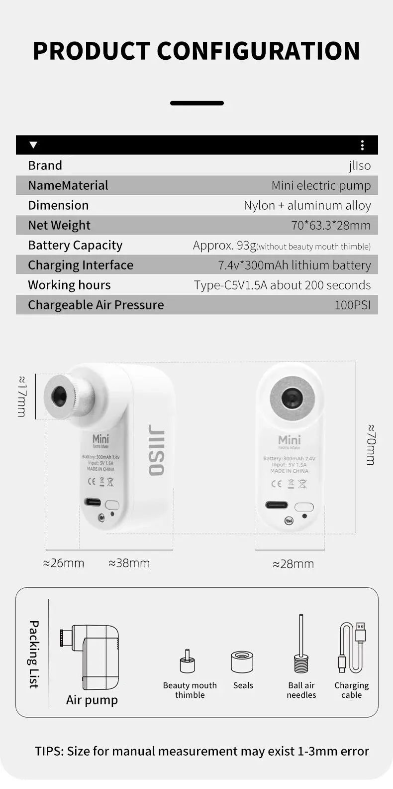JIISO Mini Electric Pump 100psi Ultralight 93g Wireless - Inverted Powers