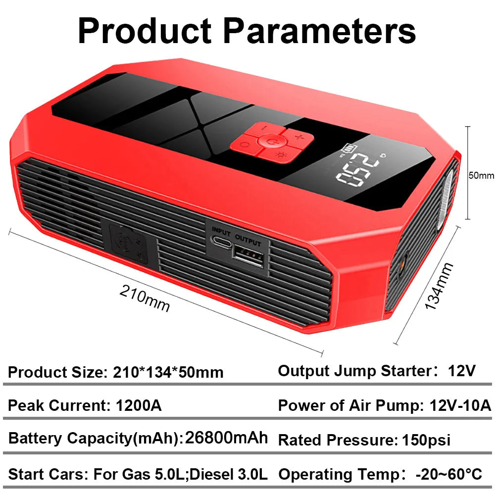 Car Jump Starter with Air Compressor Automotive Battery Charger Booster - Inverted Powers