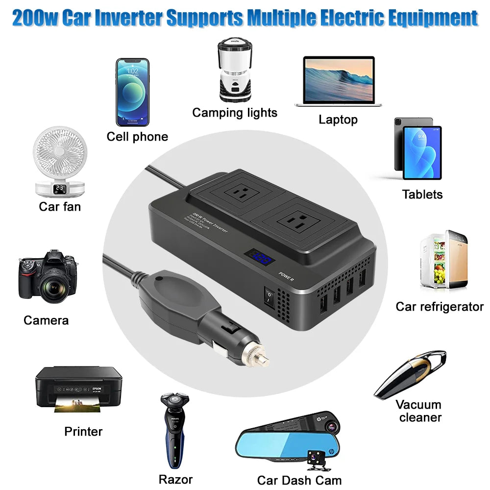 SENYU Car Power Inverter 200W DC12V To AC110V/220V USB Quick Charge - Inverted Powers