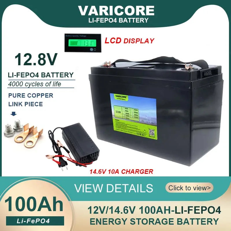 12V/12.8V 160Ah 120Ah 100Ah LiFePO4 battery Lithium iron phospha For RV Campers Off-Road Solar Wind batteries 14.6V 10A Charger - Inverted Powers
