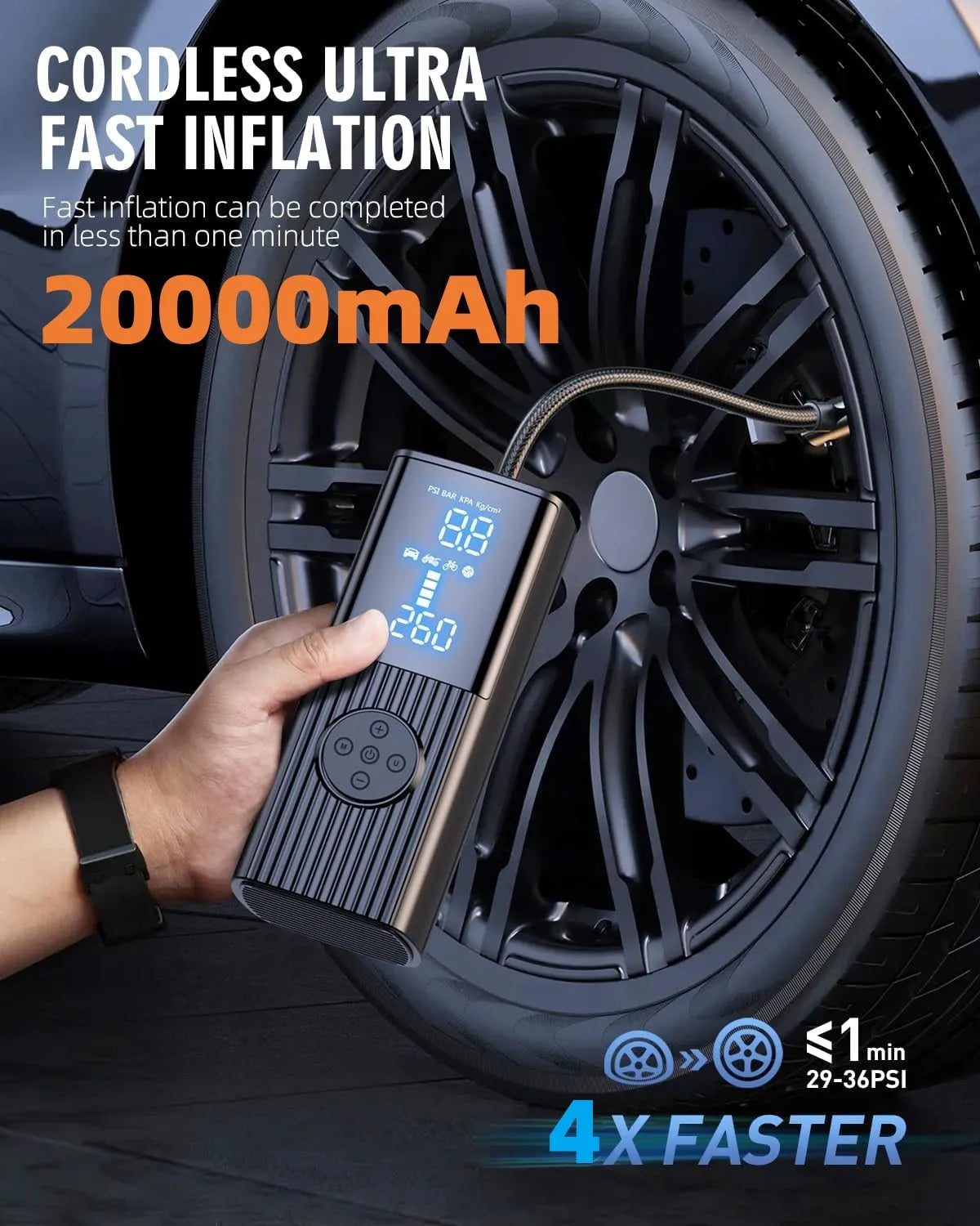 TECIANRO Air compressor portable 50L/min 20000mAh, Wireless Car tyre inflator,12V Air pump,160PSI Digital car tire inflator Air injector - Inverted Powers