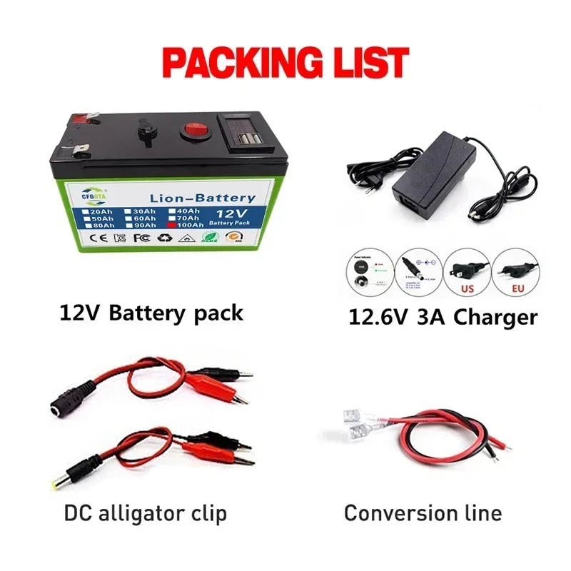 CFGOTA Lithium Battery 60Ah-100Ah USB + 12.6V3A charger - Inverted Powers