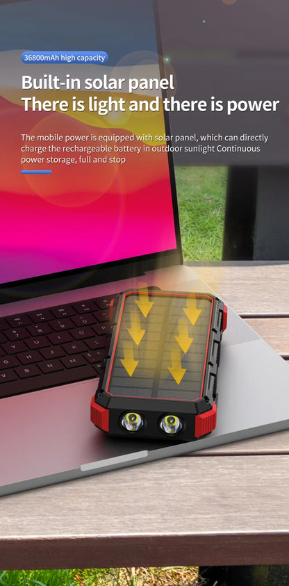 Solar Power Bank 36800mAh Portable Wireless5V3A Built-in Cables Flashlight - Inverted Powers