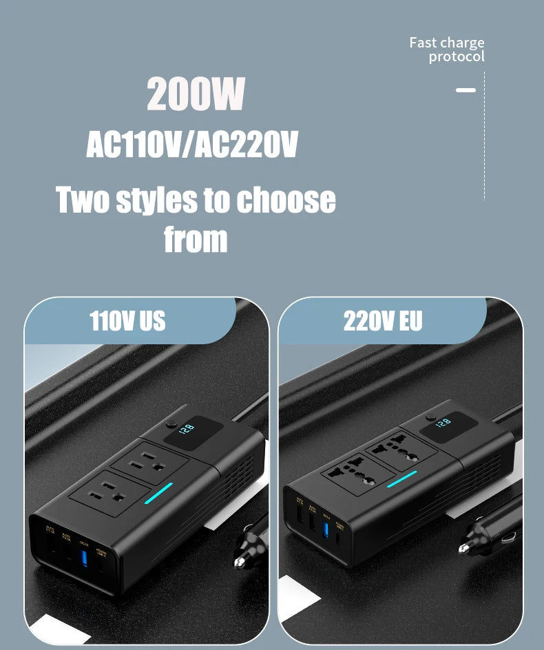 DDRADON Car Inverter 200W Modified Sine Wave DC12V to AC 110V/220V - Inverted Powers