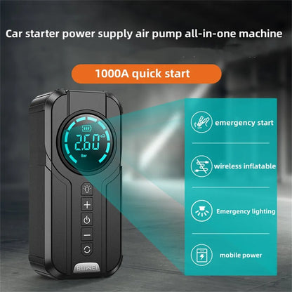 BUVAYE 4 In 1 Car Jump Starter Air Pump Power Bank Lighting - Inverted Powers
