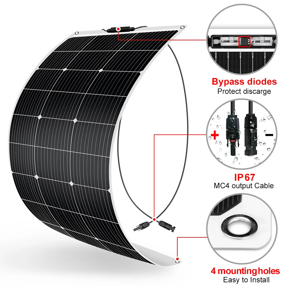 DOKIO Solar Panel 18V 100W Flexible Waterproof Kit - Inverted Powers