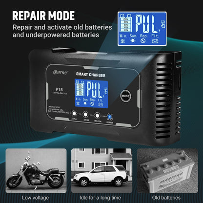 HTRC 12V-24V 35A/25A/20A/15A/10A Car Battery Charger LCD Automatic Pulse Repair Charge for Lifepo4 AGM Lead-Acid Lithium Batteri - Inverted Powers