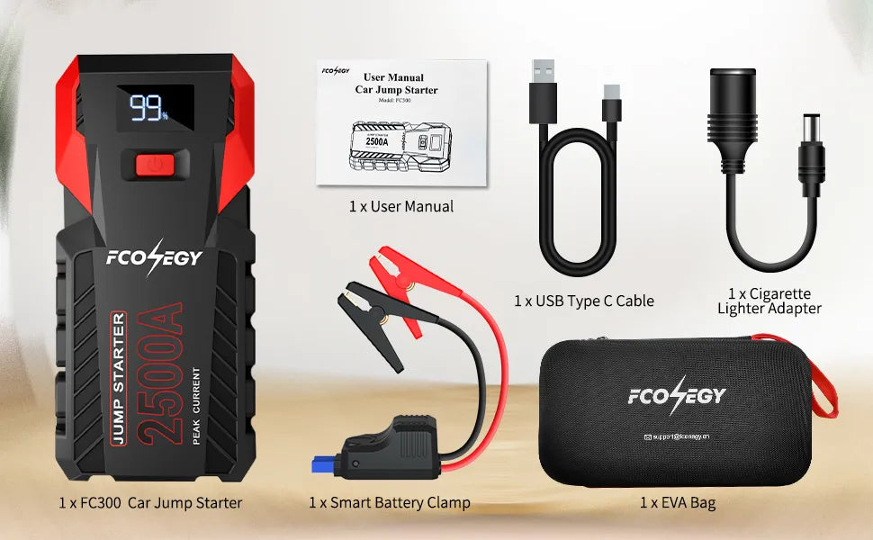 FCONEGY Car Jump Starter 2500A Portable Power Bank 26000mAh Auto Emergency Booster - Inverted Powers