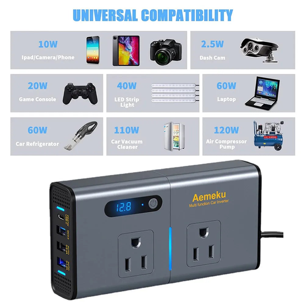 AEMEKU Car Power Inverter 200W DC12V To AC 110V/220V - Inverted Powers