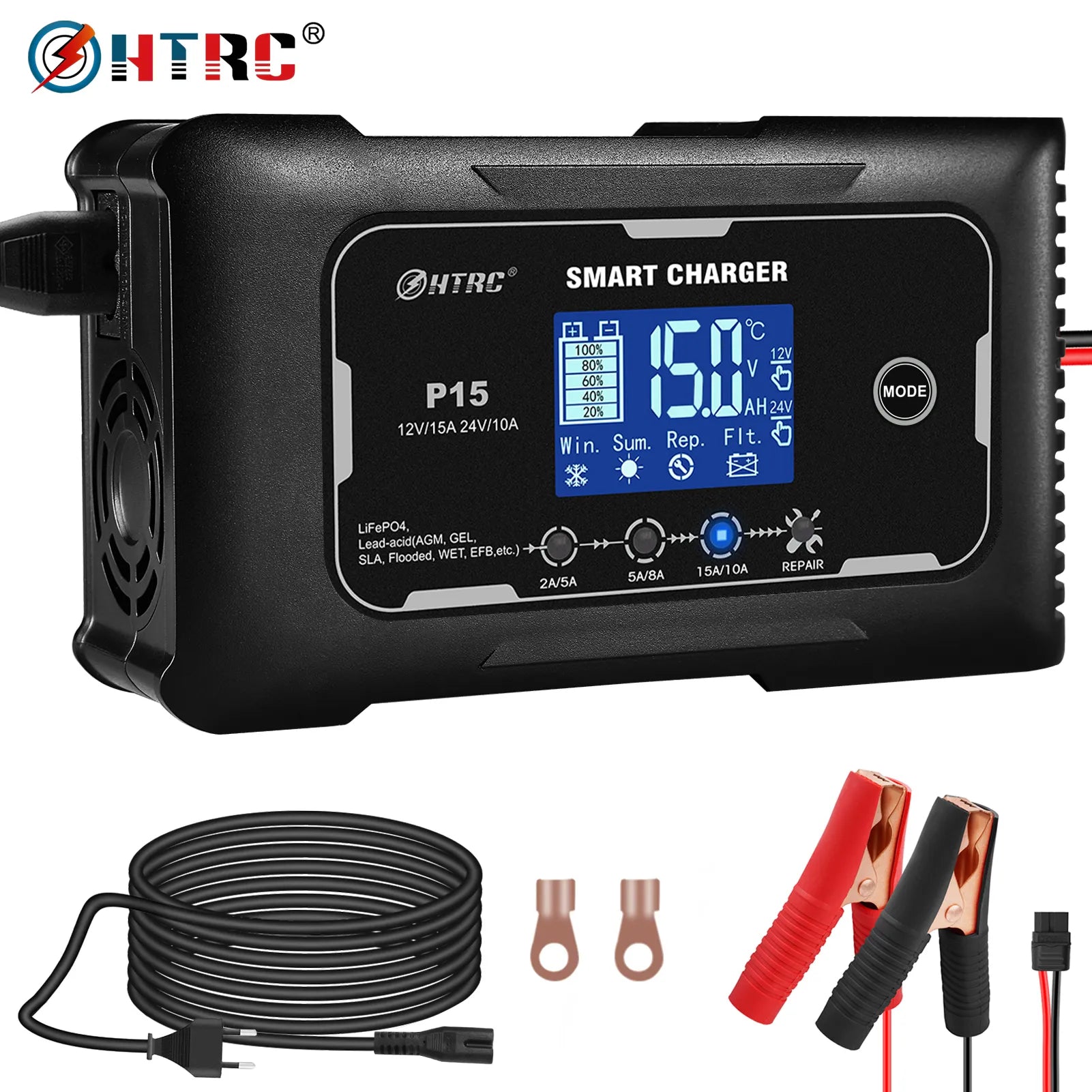 HTRC 12V-24V 35A/25A/20A/15A/10A Car Battery Charger LCD Automatic Pulse Repair Charge for Lifepo4 AGM Lead-Acid Lithium Batteri - Inverted Powers