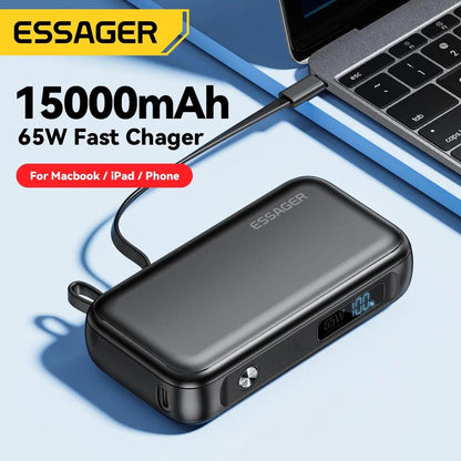 Essager Power Bank 15000mAh With USB C Cable iPhone iPad Macbook 65W Fast Charger - Inverted Powers