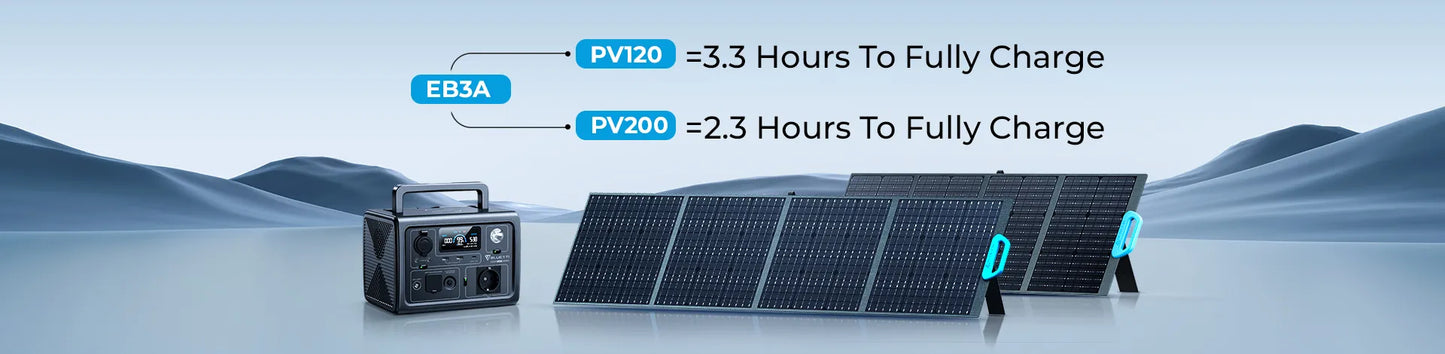 BLUETTI EB3A Solar Portable Power Station 600W LiFePO4 + Solar Panel PV120/PV200 - Inverted Powers