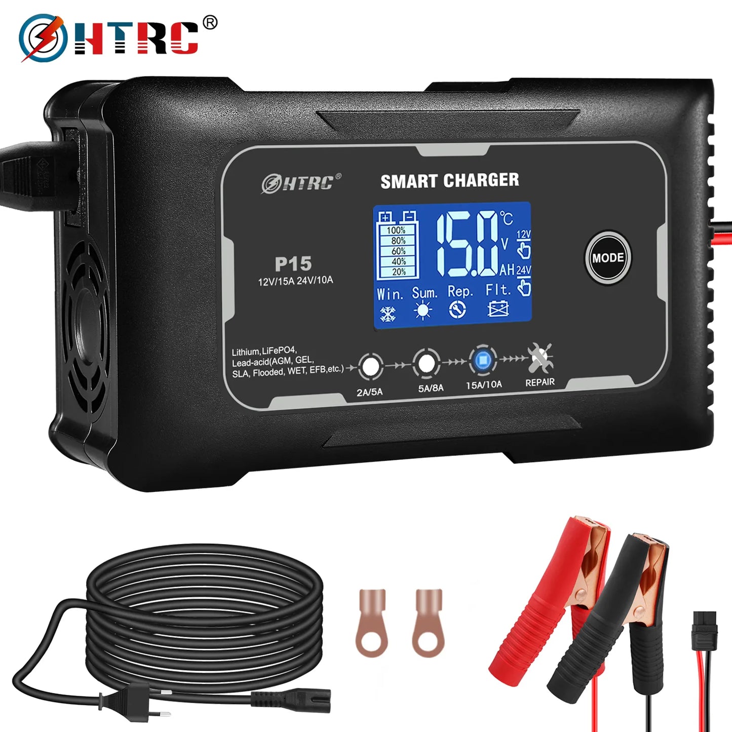 HTRC 12V-24V 35A/25A/20A/15A/10A Car Battery Charger LCD Automatic Pulse Repair Charge for Lifepo4 AGM Lead-Acid Lithium Batteri - Inverted Powers