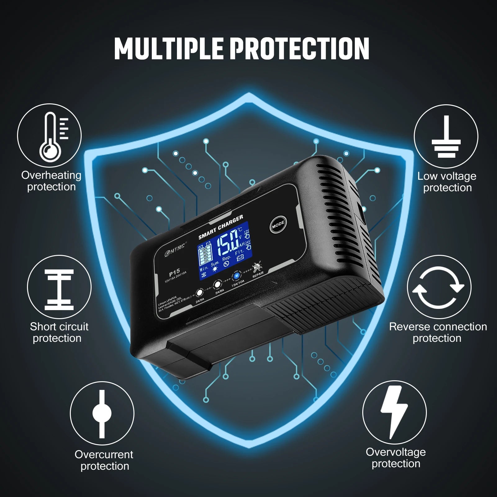 HTRC 12V-24V 35A/25A/20A/15A/10A Car Battery Charger LCD Automatic Pulse Repair Charge for Lifepo4 AGM Lead-Acid Lithium Batteri - Inverted Powers