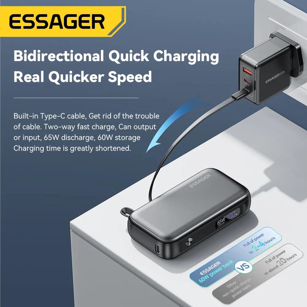 Essager Power Bank 15000mAh With USB C Cable iPhone iPad Macbook 65W Fast Charger - Inverted Powers