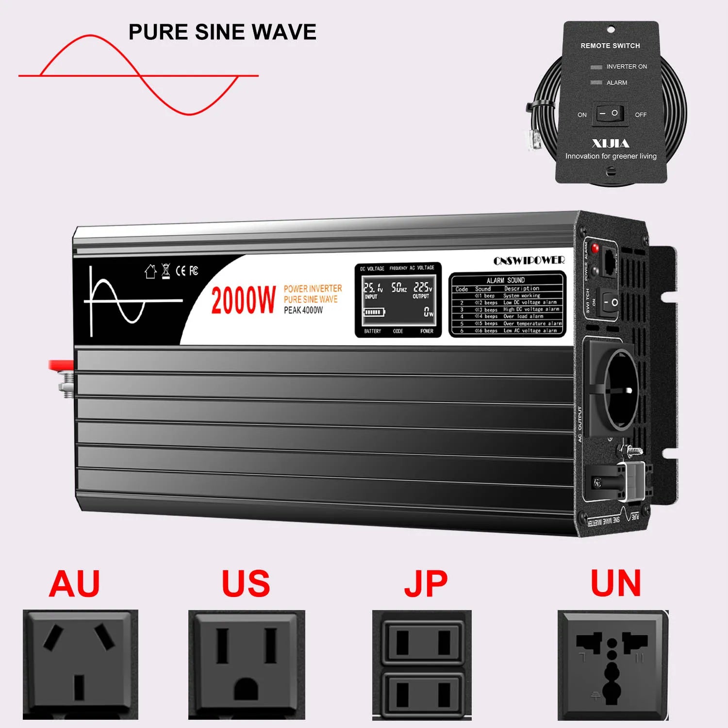 DC/AC Power Inverter 2000W Pure Sine Wave DC12V-48V To AC110V/220V Digital Display - Inverted Powers