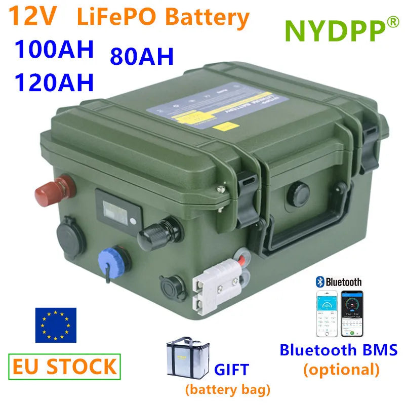 NYDPP LiFePO4 Battery 80AH-120AH 12V BMS Bluetooth + Bag + Charger - Inverted Powers