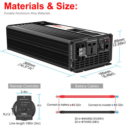 DC/AC Power Inverter 2000W Pure Sine Wave DC12V-48V To AC110V/220V Digital Display - Inverted Powers