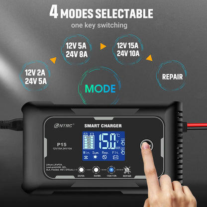 HTRC 12V-24V 35A/25A/20A/15A/10A Car Battery Charger LCD Automatic Pulse Repair Charge for Lifepo4 AGM Lead-Acid Lithium Batteri - Inverted Powers