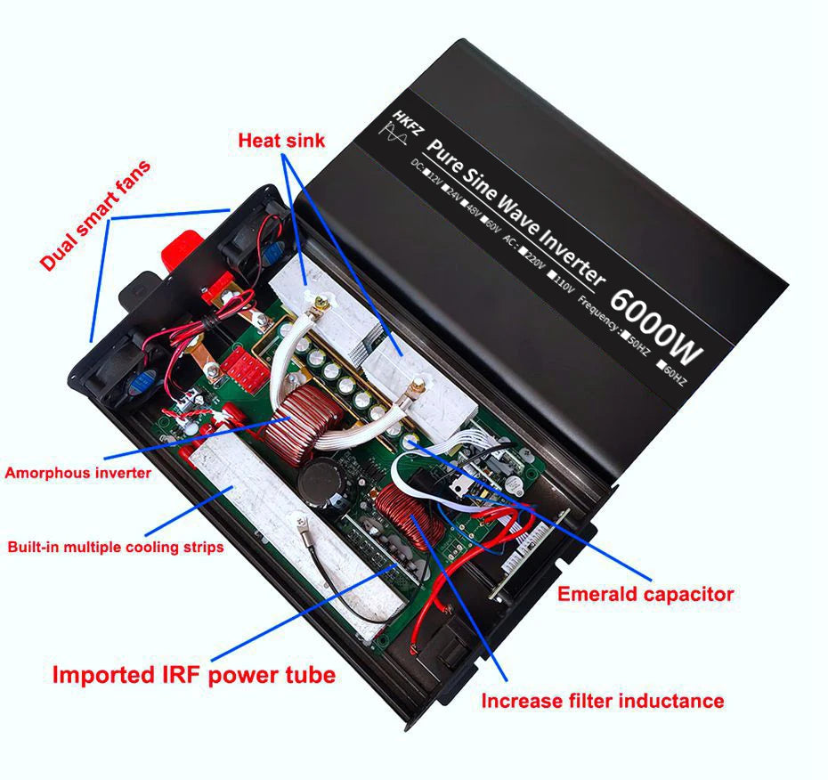 HKFZ Power Inverter 4000W/6000W Pure Sine Wave DC12V-48V To AC110V/220V - Inverted Powers